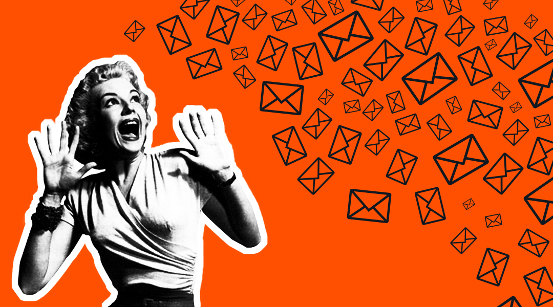Image of a woman screaming as email icons descend towards her like bats